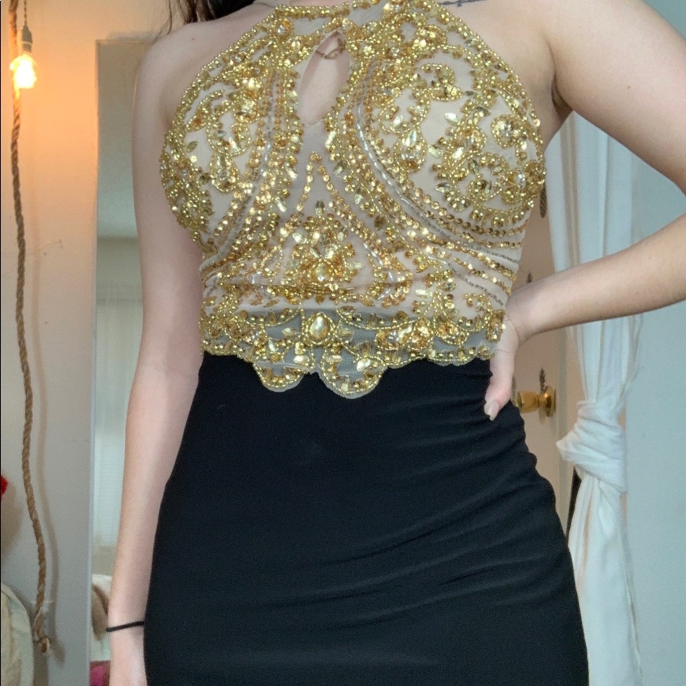Windsor Gold & Black Beaded Halter Dress